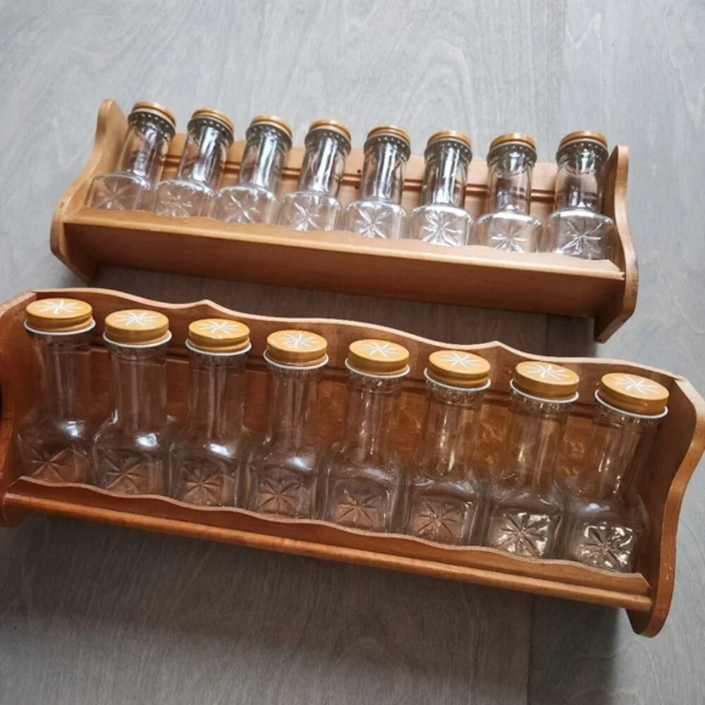 70's Wooden Spice‎ Rack with Glass Jars